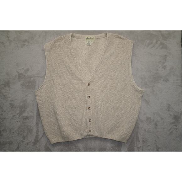 Eddie Bauer Made in USA Knit Button Vest Men’s XL Beige 100% Cotton Vintage - Picture 2 of 10